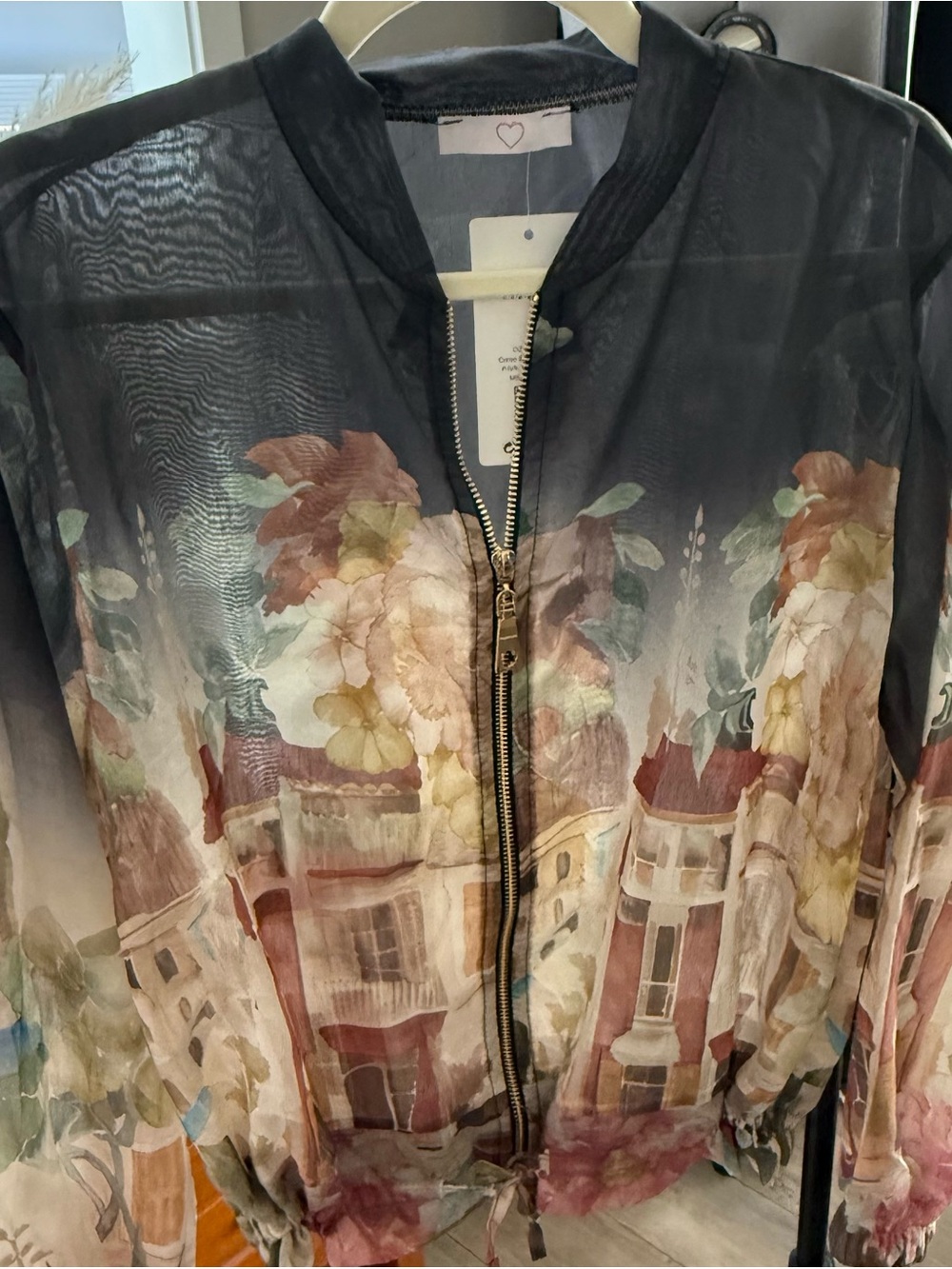 Made in Italy Sheer Bomber  Scenic Print Bomber Jacket - Black